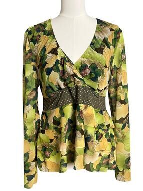 MAJAMAS Nursing Tunic Blouse Womens Large Green Floral V Neck Long Sleeve Shirt